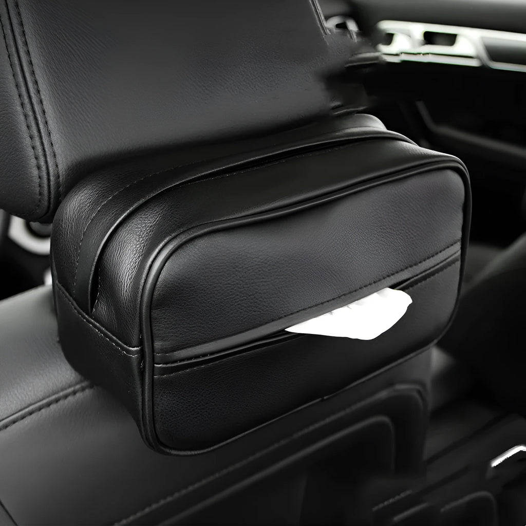 Black leather hanging storage box with paper bag for car or home organisation