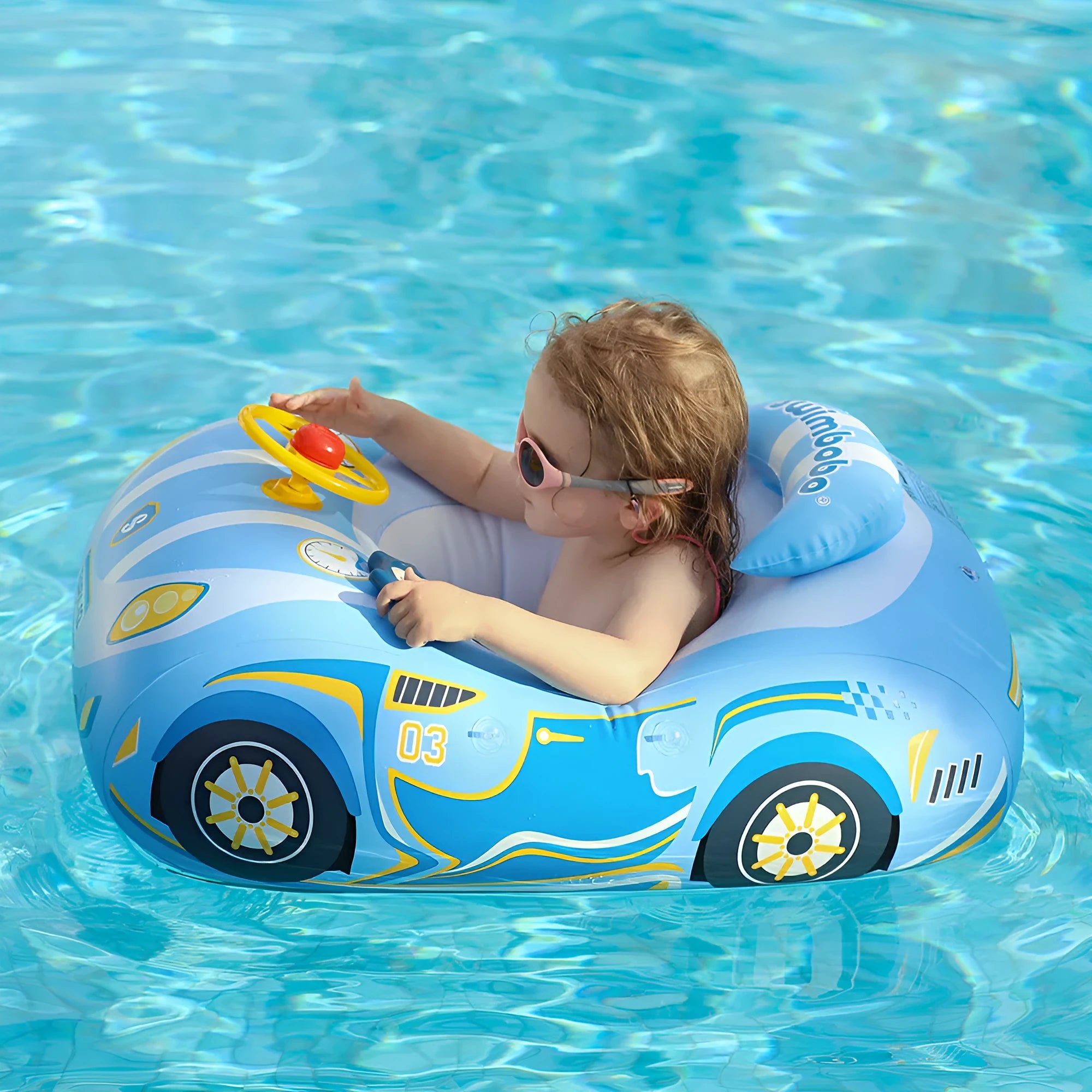 Mini inflatable car pedestal swimming ring for children in pink sports car design with steering wheel pattern