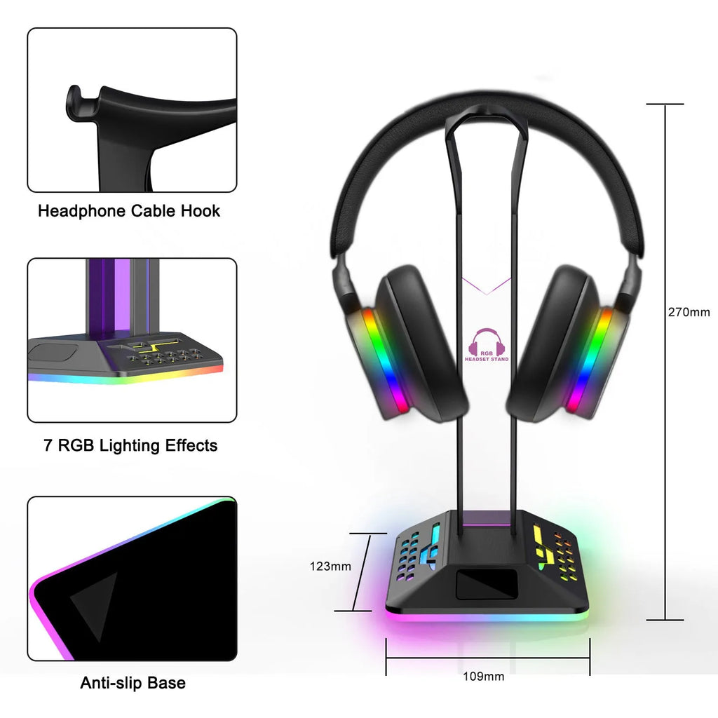 RGB colour changing headset display bracket with dual USB ports holding gaming headphones