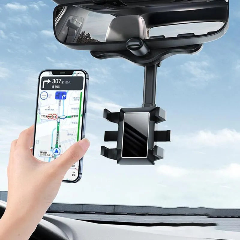 Black rearview mirror phone holder with rotating head and telescopic arm extended