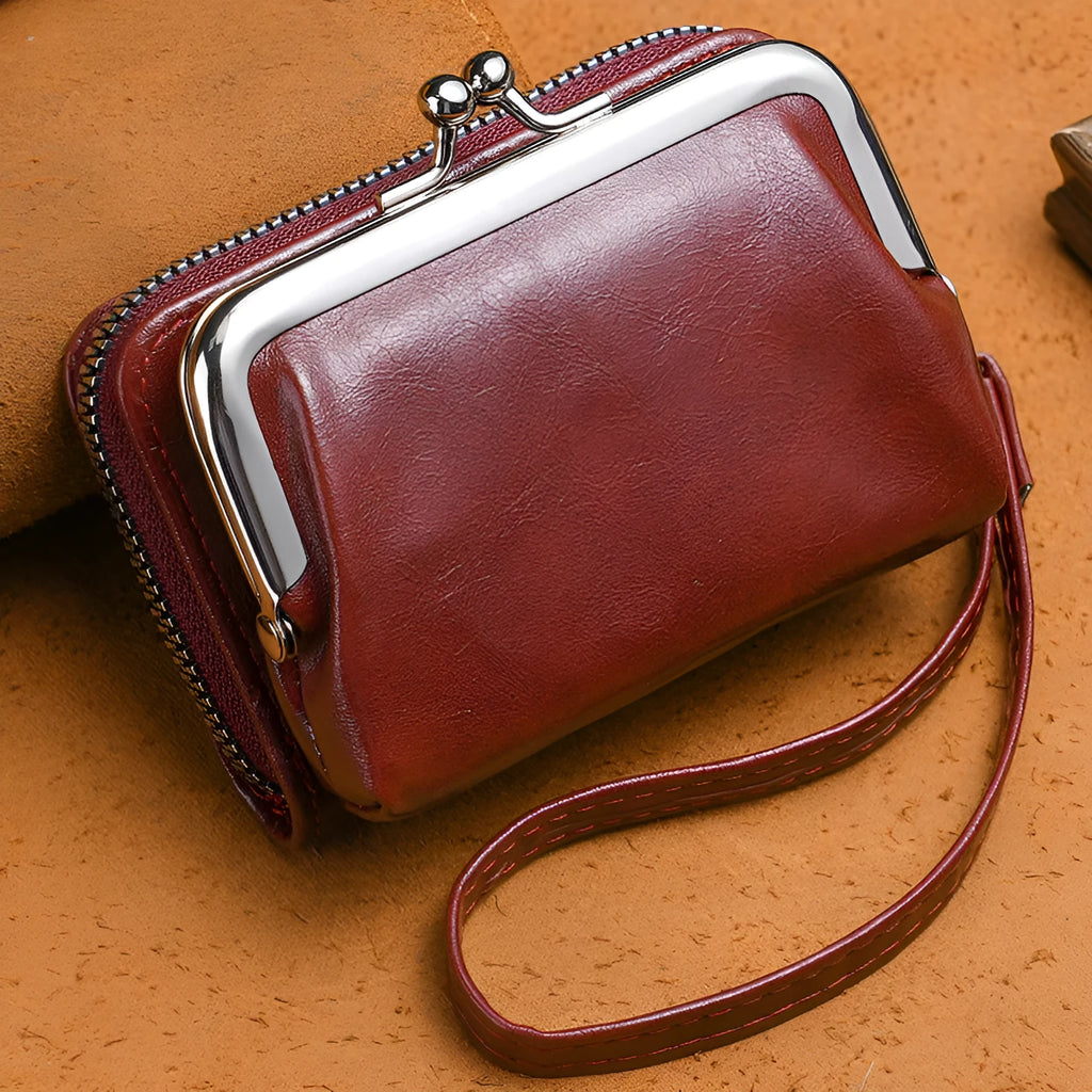 Ladies' buckle coin purse with snap closure and clip in black, 4-inch size, compact leather wallet for coins