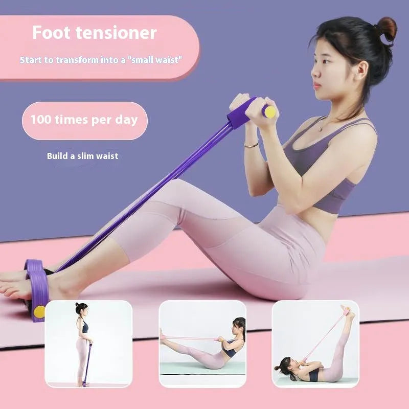Yoga four piece set showing leg stretching device, yoga ring, pedal chest expander and figure eight tension rope
