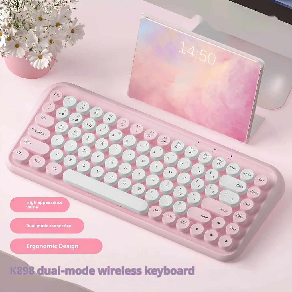 Pink portable Bluetooth keyboard with 84 keys showing crater architecture buttons