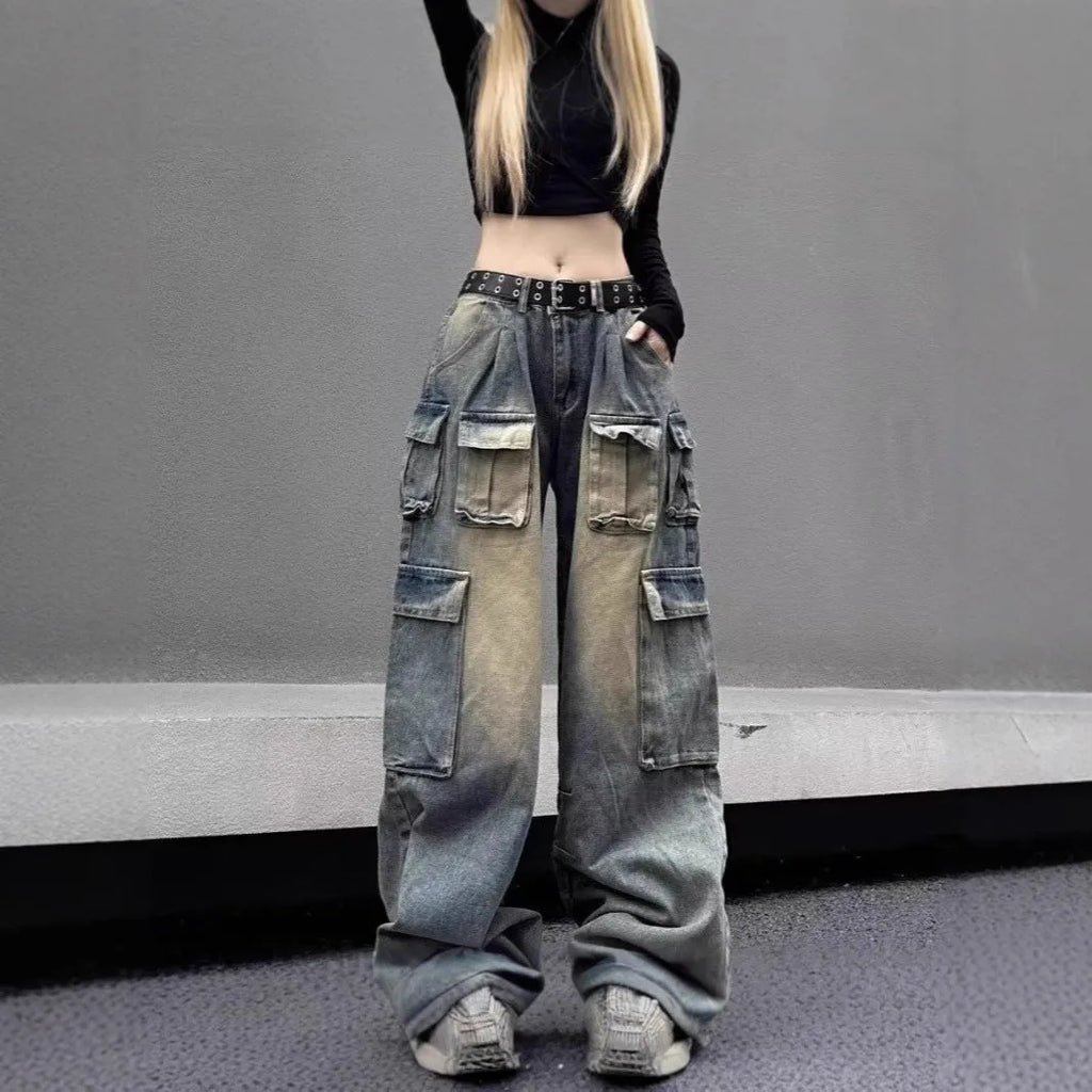 Loose-fit straight-leg jeans with multiple pockets in distressed light blue denim