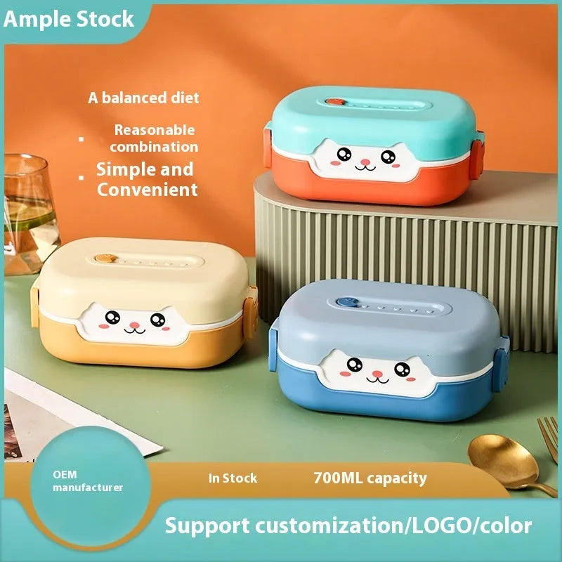 Square plastic lunch box with three divided compartments in dark blue colour