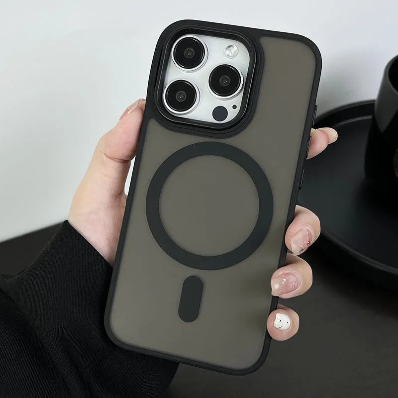 Large hole frosted magnetic phone case for iPhone in black with built-in magnetic backing