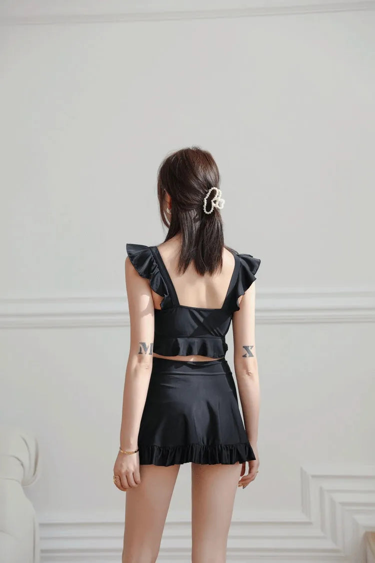 Black nylon split swimsuit for women, briefs style, sizes M L XL