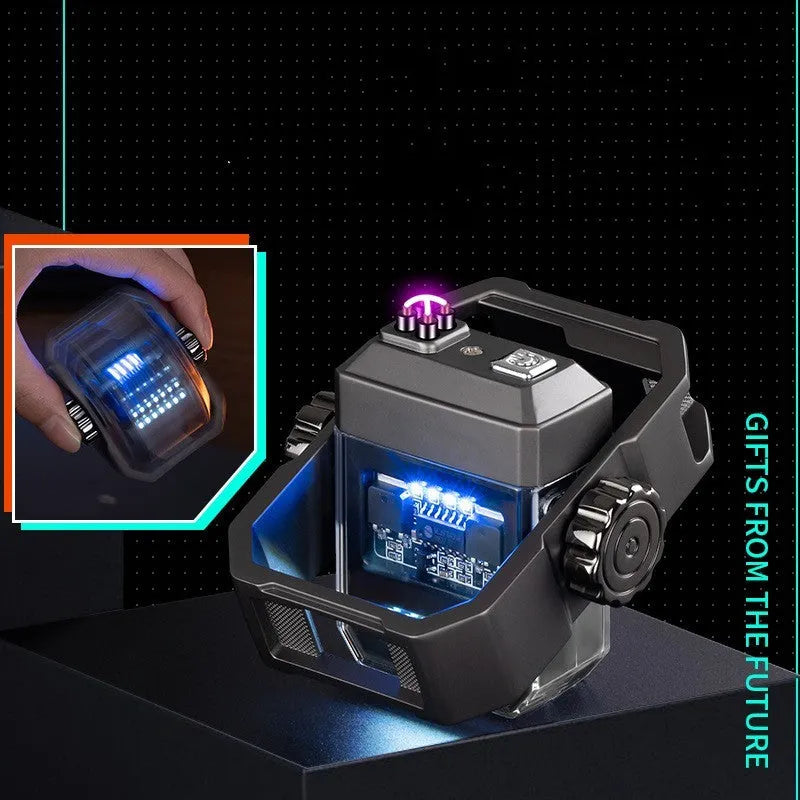 New Pulse double arc electric lighter with spinning gyroscope toy in black nickel brushed finish