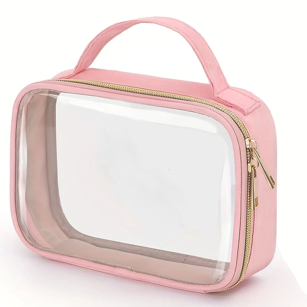 Clear PVC lipstick storage wash bag with zip and chain handle in leopard print colour.