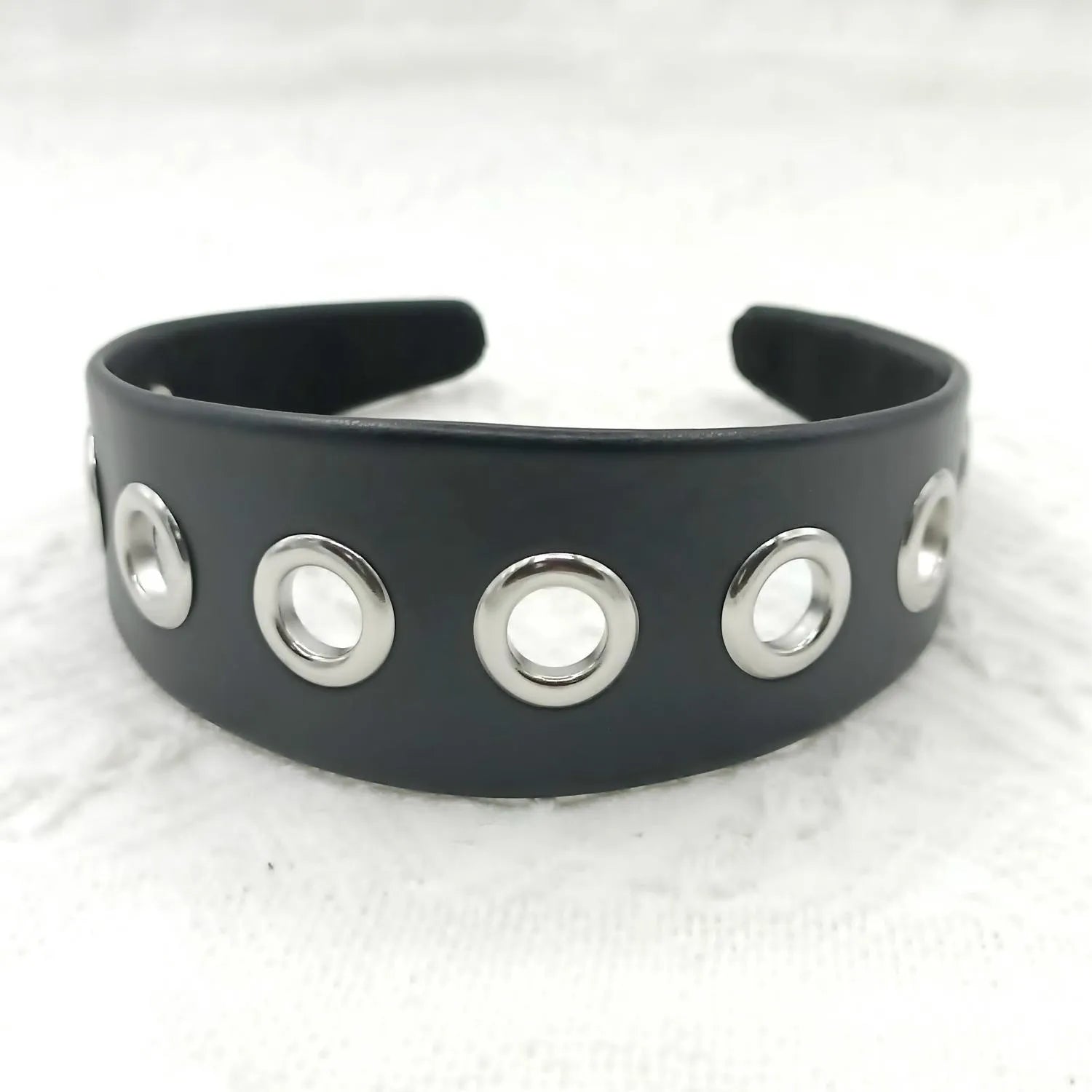 Wide black artificial leather headband with round and square rivets, handmade punk style for women