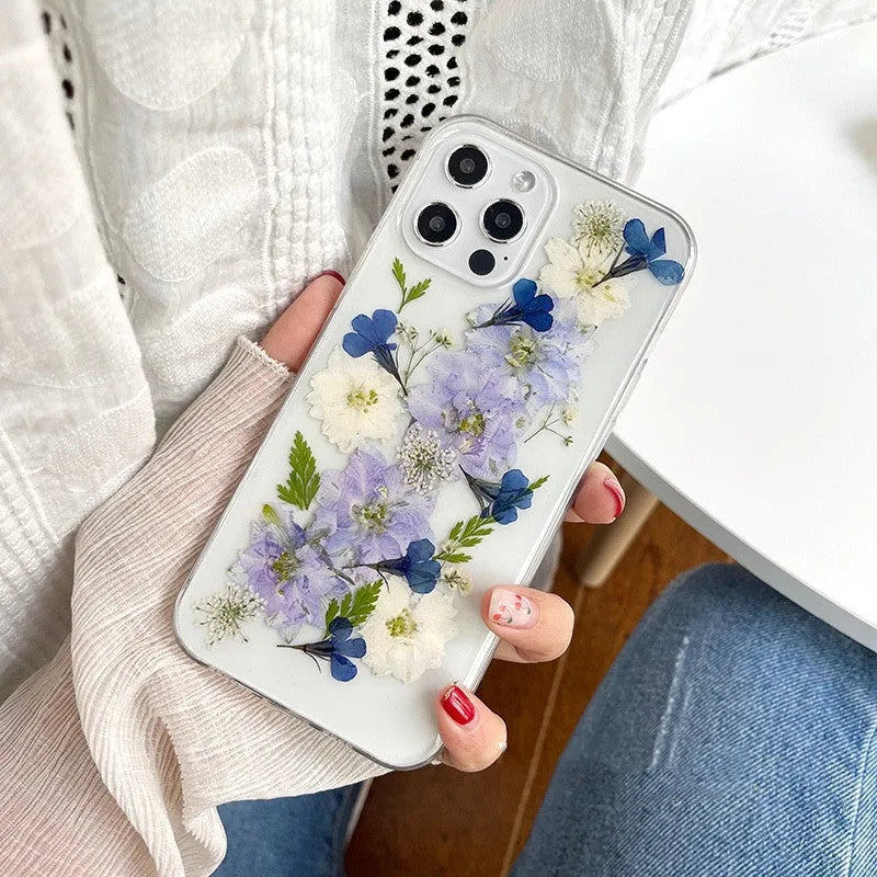 Blue and purple dried flower TPU soft case for iPhone 12 compatible with Apple models