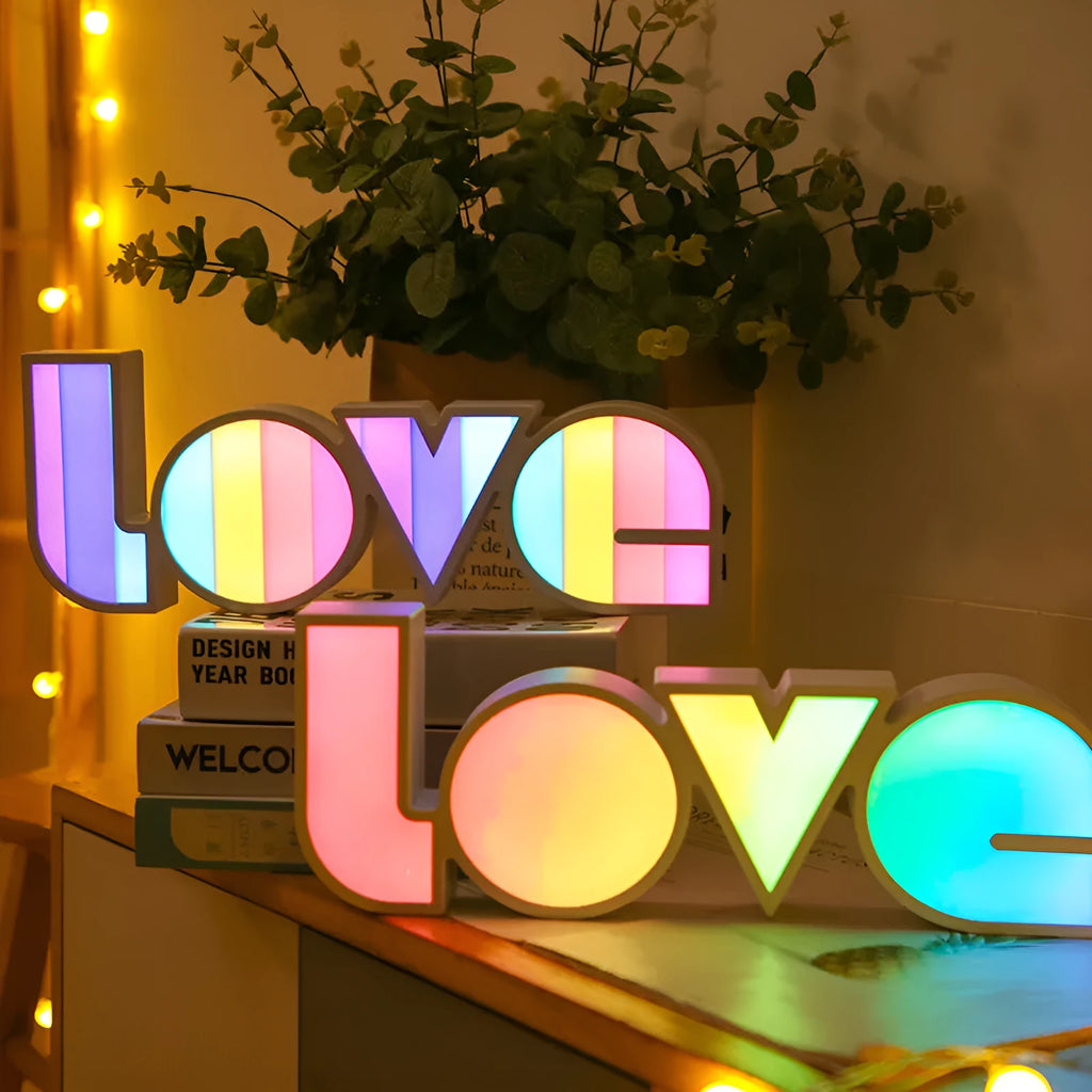 LED LOVE light with rainbow lampshade, plastic build, USB cable, 35.5x13.5cm, romantic bedroom decor