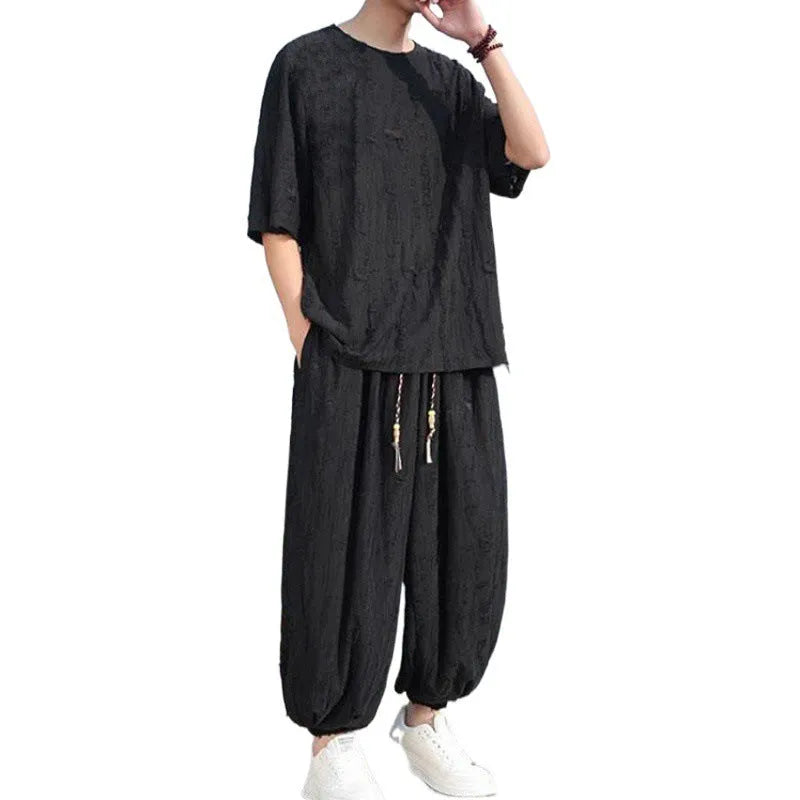 Men's thin short-sleeved loose two-piece knitwear suit in black, half sleeves, cropped trousers, casual national style