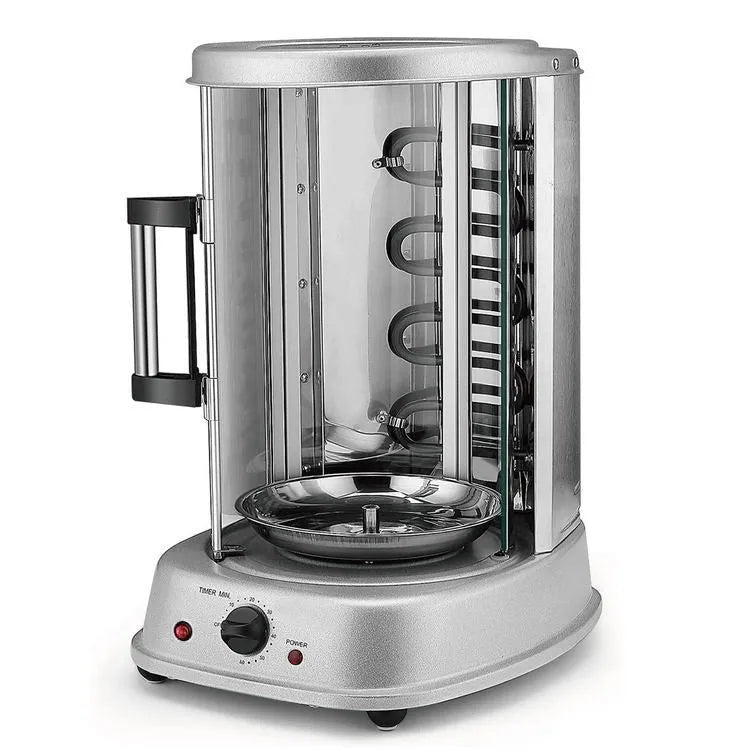 Black 21L electric rotisserie with glass door, control dials, and stainless steel interior