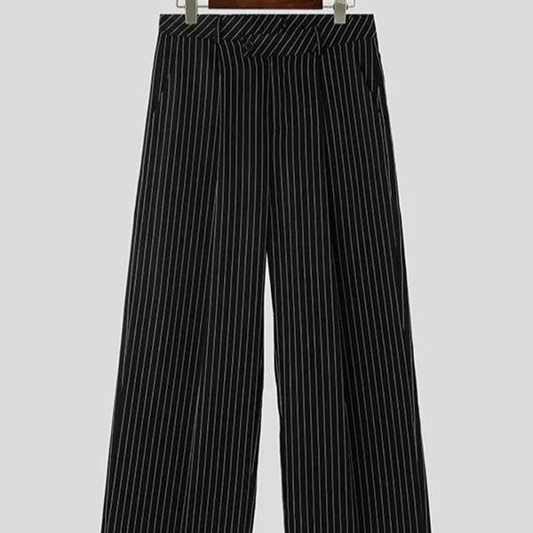Men's black vertical striped pleated casual trousers showing elastic fabric and detailed sizing