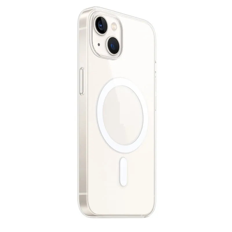 Transparent magnetic phone case for iPhone showing clear back and magnetic ring
