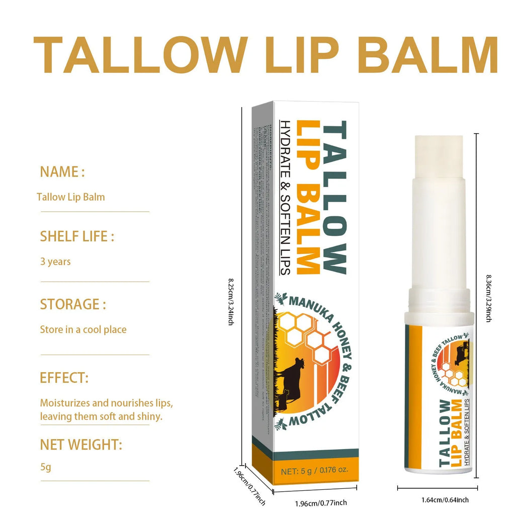 Tallow lip balm in a dark plastic tube with a silver cap, 5g size, on a plain background