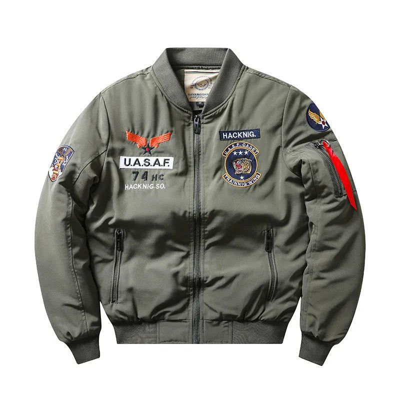 Men's slim-fit stand collar retro embroidery cotton-padded coat in black