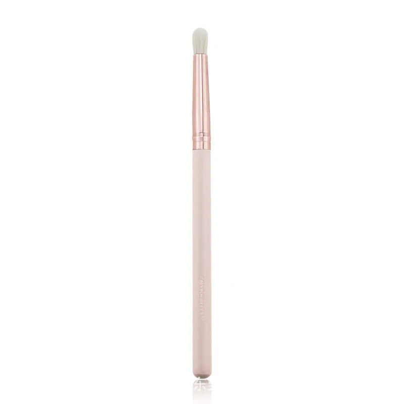 26 pink makeup brushes with wooden handles displayed in a open pink PU travel case