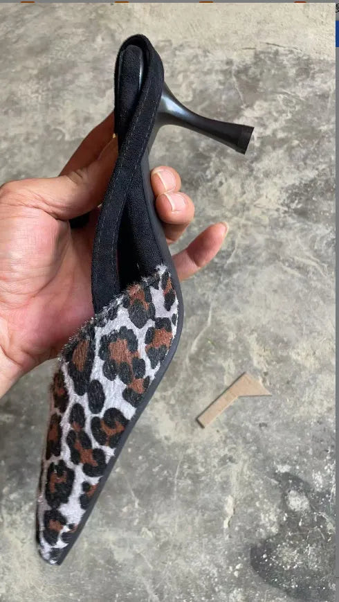 Women's leopard print suede sandals with pointed toe and high heel design