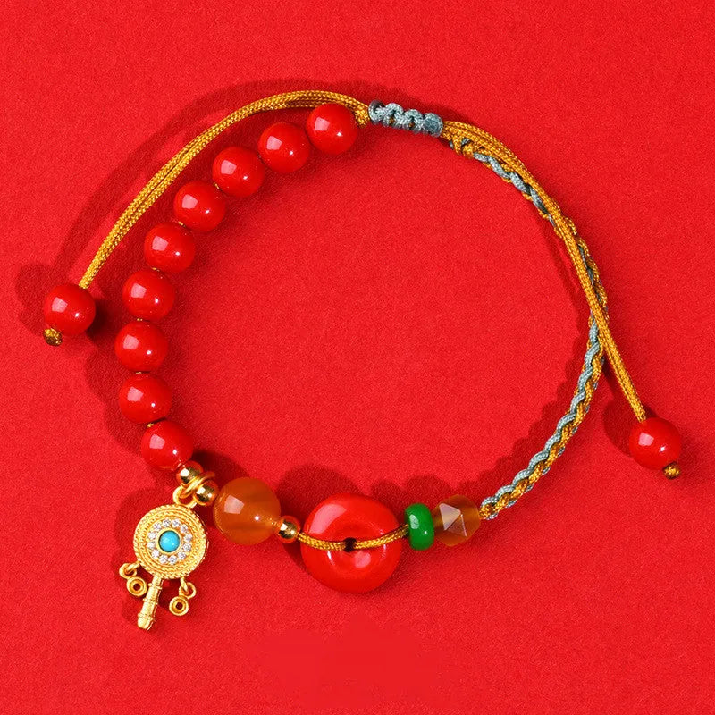 Cinnabar peace blessing buckle bracelet hand-woven geometric design emperor red sand women's