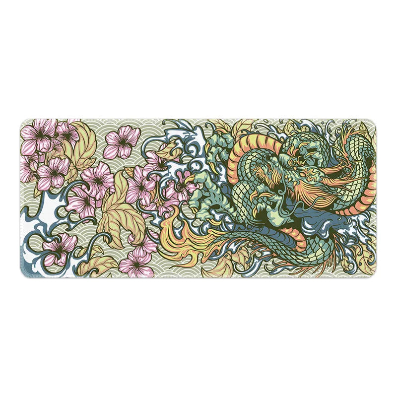 Non-slip cloth mouse pad with detailed dragon artwork, showing size and thickness options.