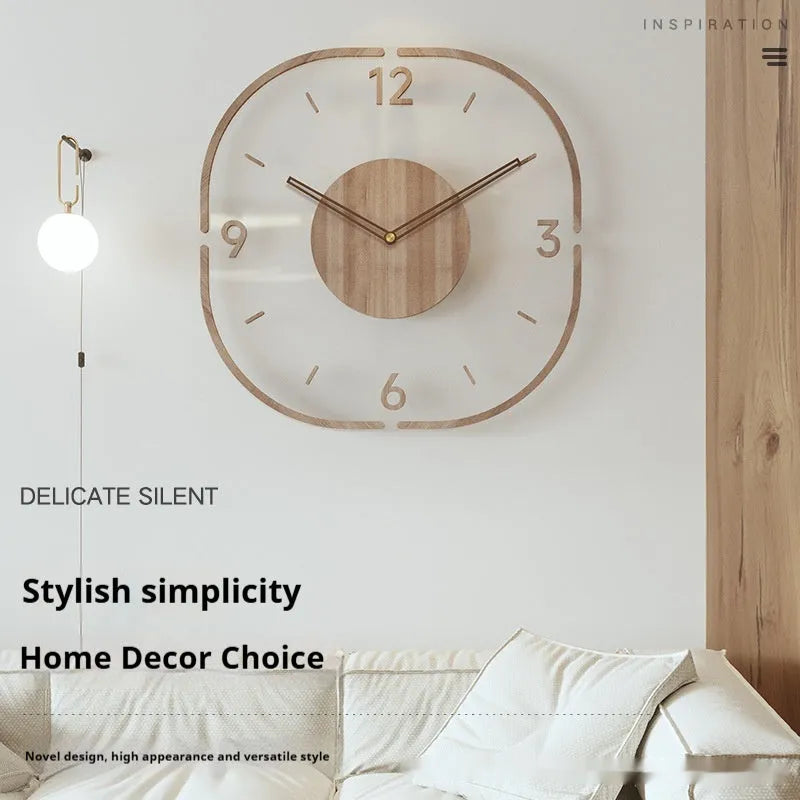 Transparent wooden frame wall clock with clear glass face and black Roman numerals