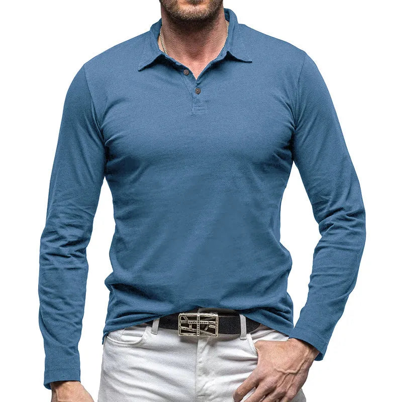 Men's polo collar long sleeve cotton t-shirt in American retro style, shown in Army Green.