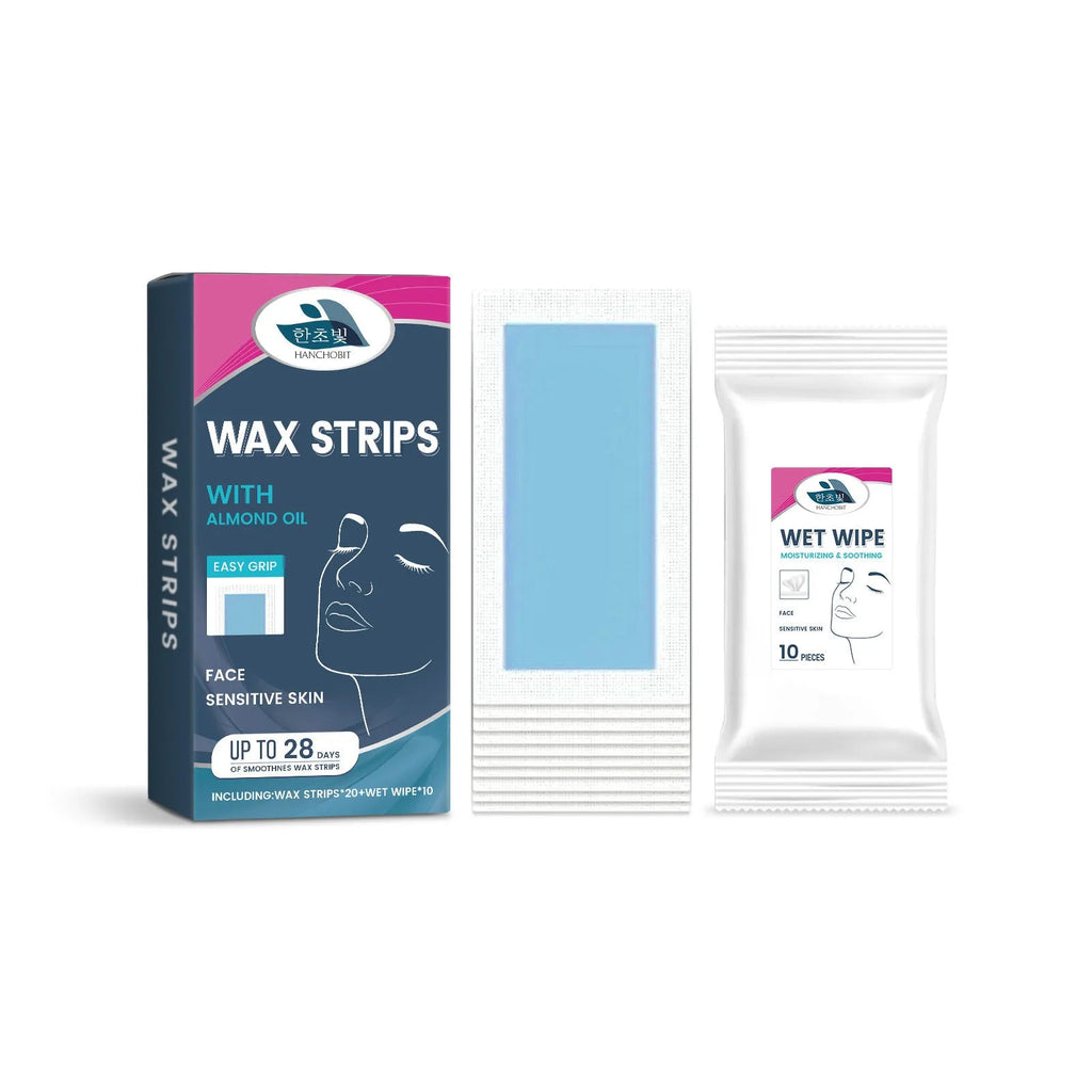 HANCHOBIT facial hair removal wax paper strips with wet wipes in packaging