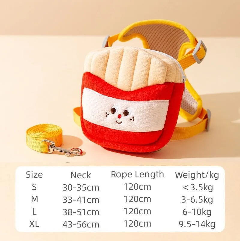 Adjustable dog vest leash with backpack in a cartoon hamburger print, showing the escape proof vest design
