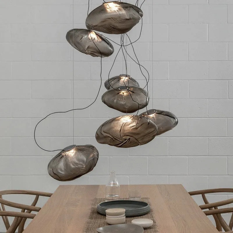 Modern glass decorative chandelier with LED lighting in amber, clear or smoke grey colours