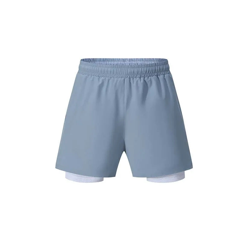 Men's double-layer sports shorts with liner, quick-dry fabric, available in black, dark gray, and light blue
