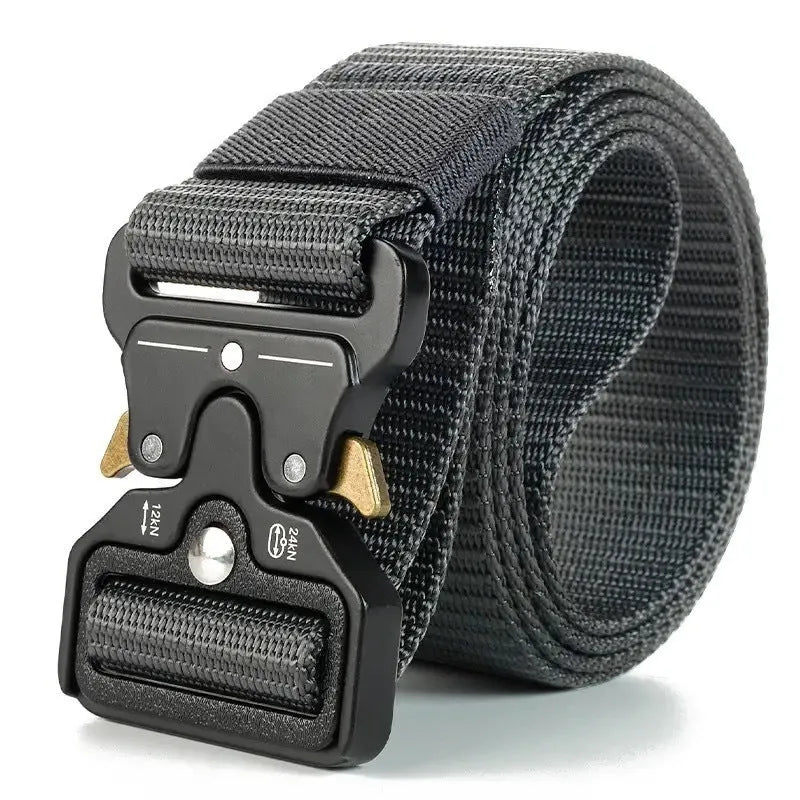 Men's thick canvas tactical belt with alloy release buckle in Army Green colour showing 120cm length