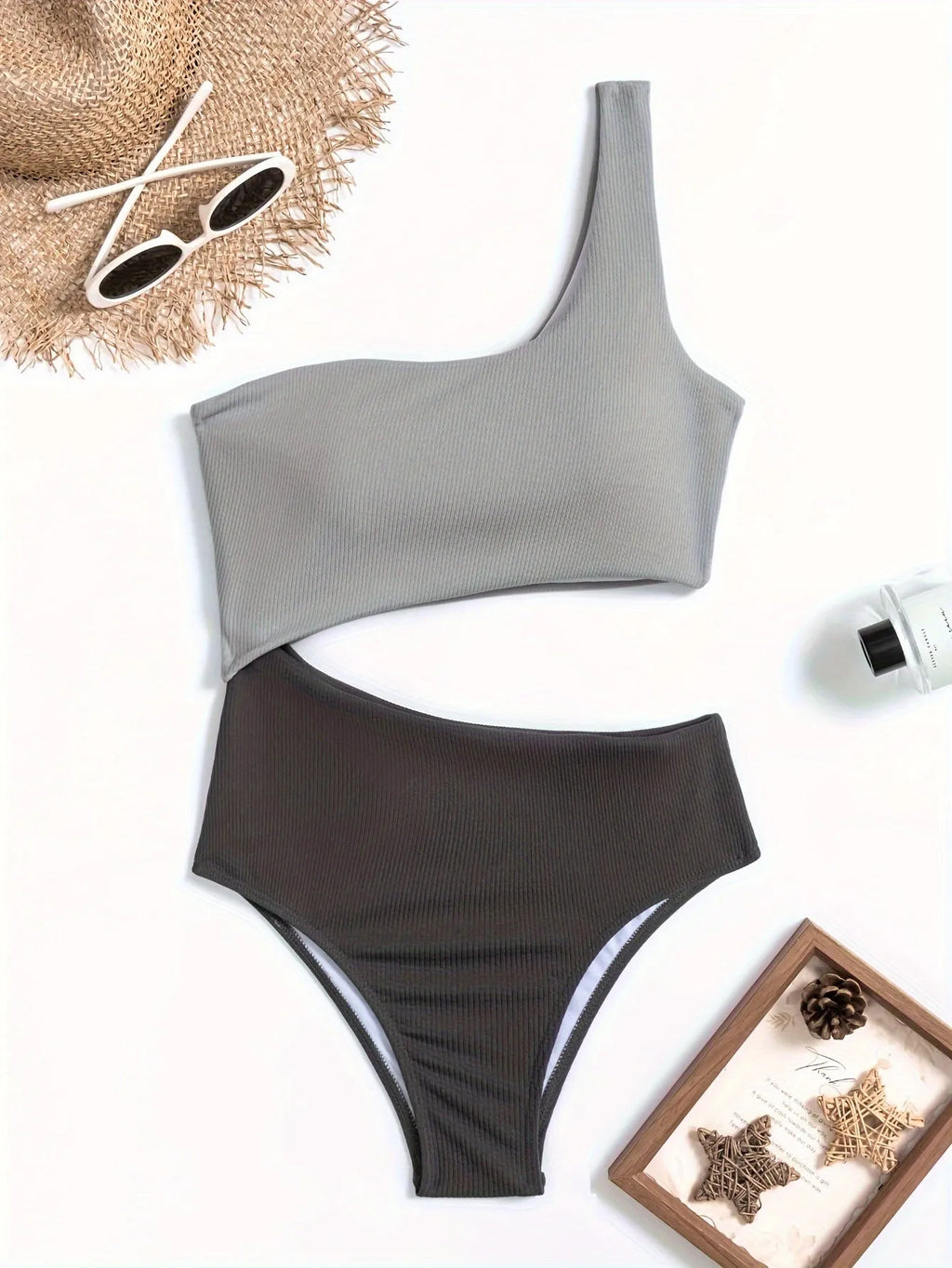 Women's one-shoulder one piece swimsuit in solid colour light gray for swimming and wading