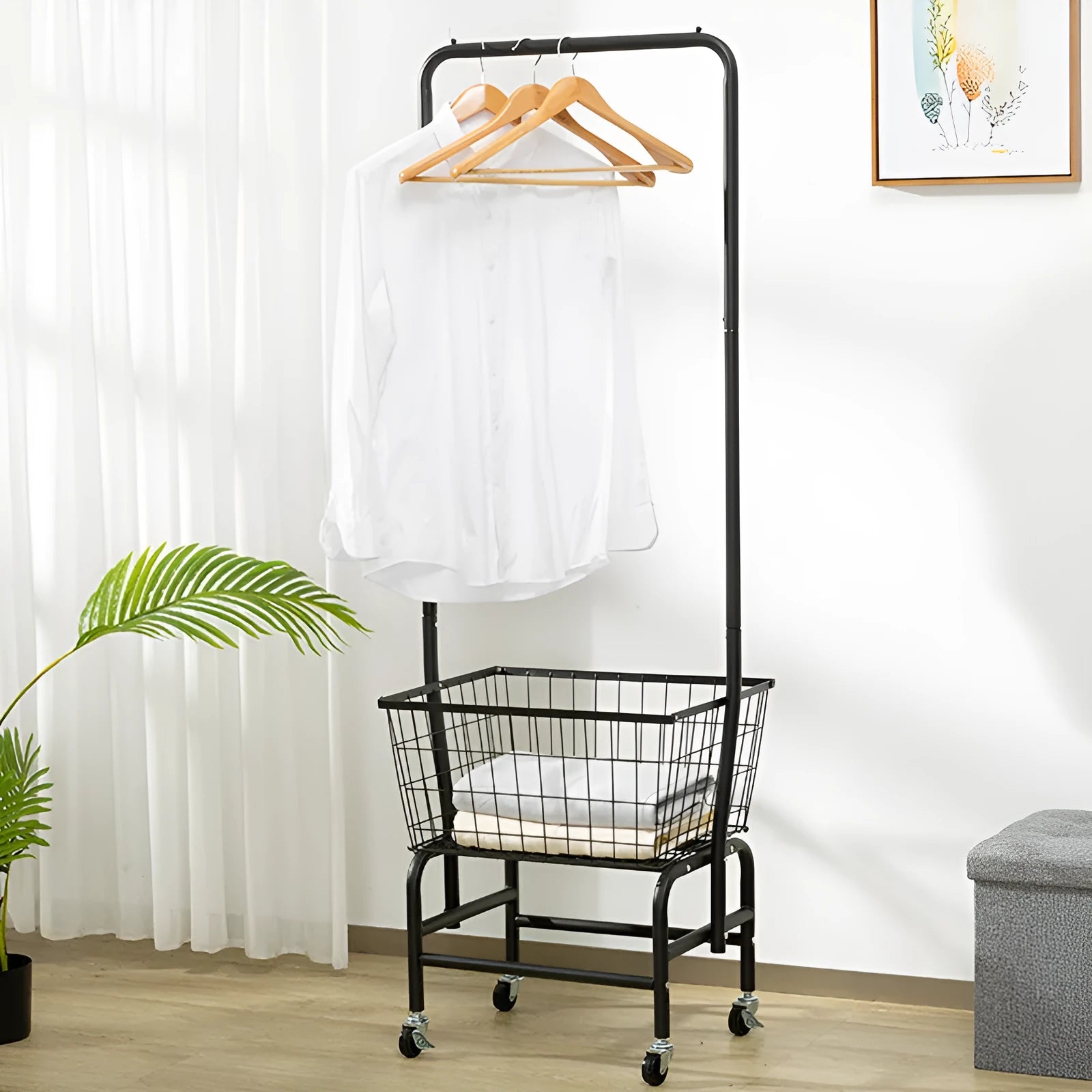 White iron pulley storage car with single hanging rod for wardrobe organisation