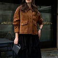Women's street chic suede coat in bright brown colour with regular sleeves