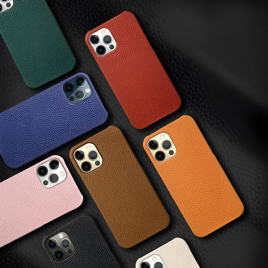 Genuine leather iPhone protective case in beige colour, showing minimalist half-frame design on an iPhone model.