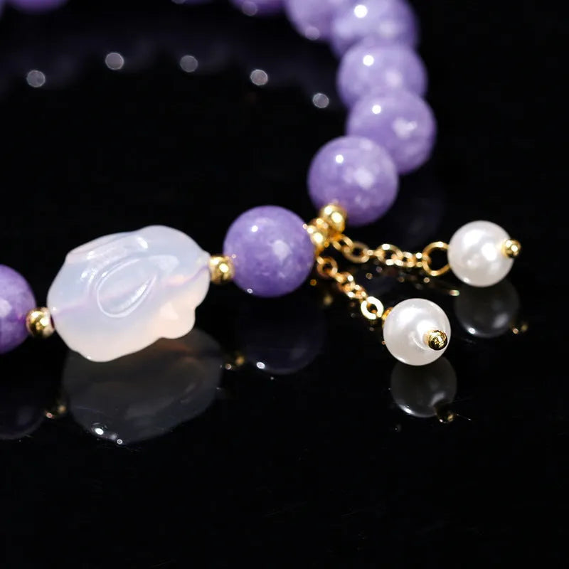 Purple aquamarine chalcedony lychee jelly agate rabbit bracelet, handmade, geometric round beads, women's jewellery