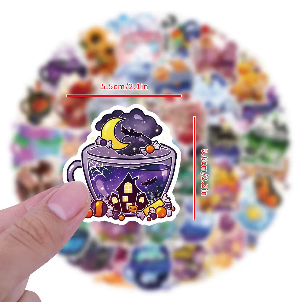Pack of 50 colourful tea cup graffiti waterproof vinyl stickers in Nordic style for luggage and scooters.