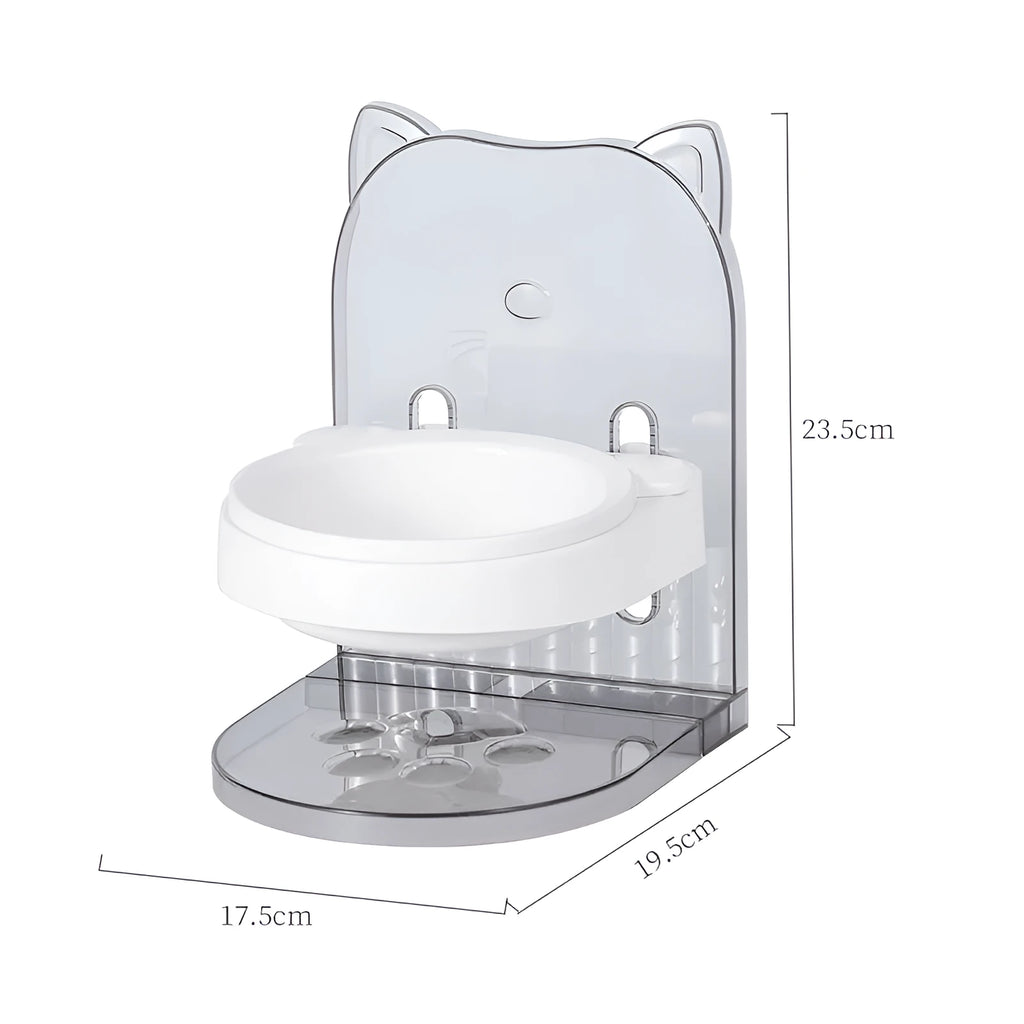 Grey adjustable height cat feeding bowl with anti-spill design and neck protection features
