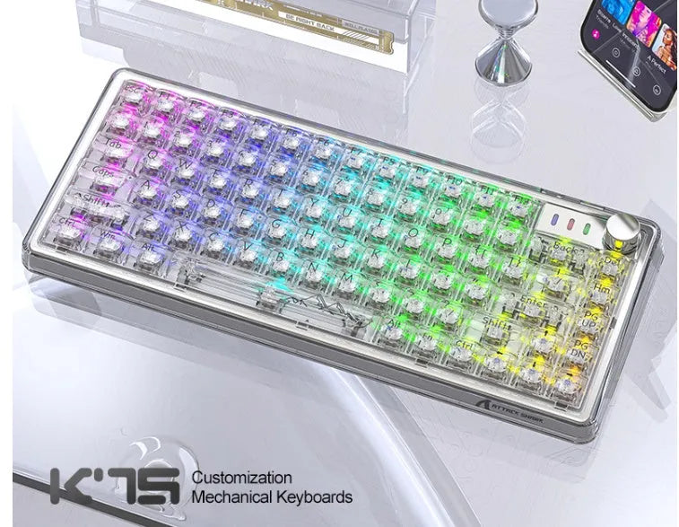 Attack Shark K75 RGB wireless mechanical keyboard with transparent case on a desk