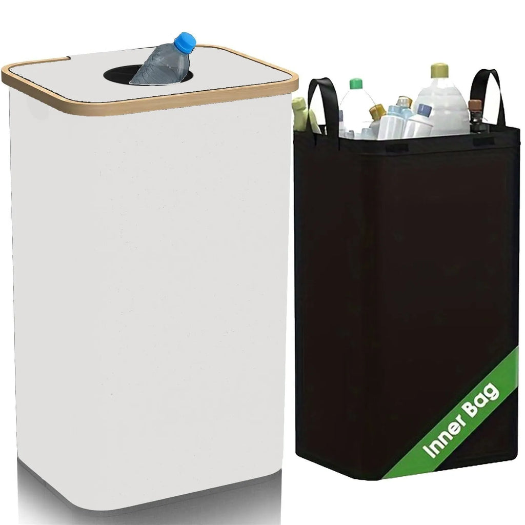 Black bamboo frame storage basket with removable lid and double inner pockets for bottle recycling organisation