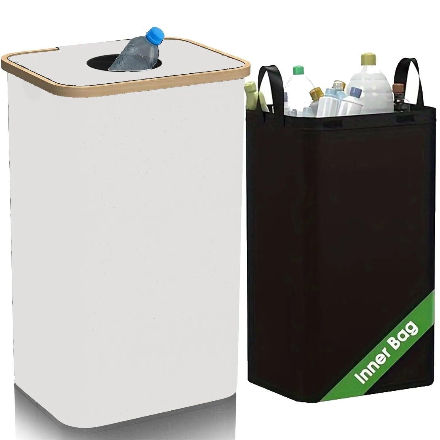 Black bamboo frame storage basket with removable lid and double inner pockets for bottle recycling organisation