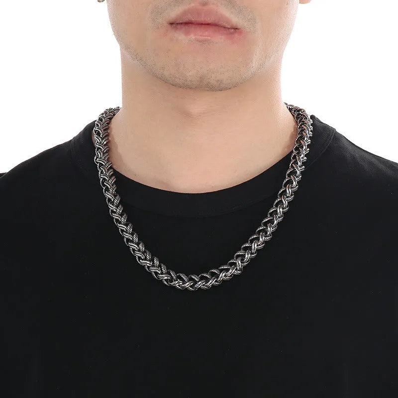 Men's titanium steel keel chain necklace with geometric design on a large hemp flowers chain in antique silver.