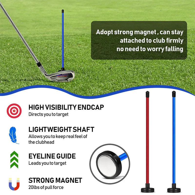 Red and blue aluminium alloy golf swing trainer with magnetic direction and alignment bar.