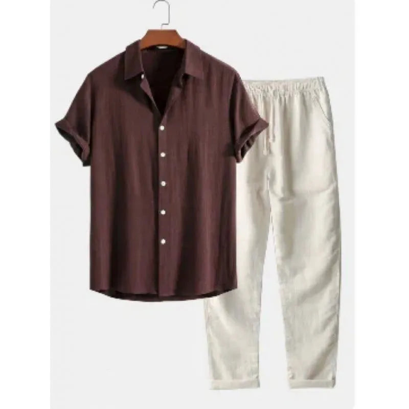Men's casual loose-fit linen blend short sleeve shirt and trouser suit on a hanger.
