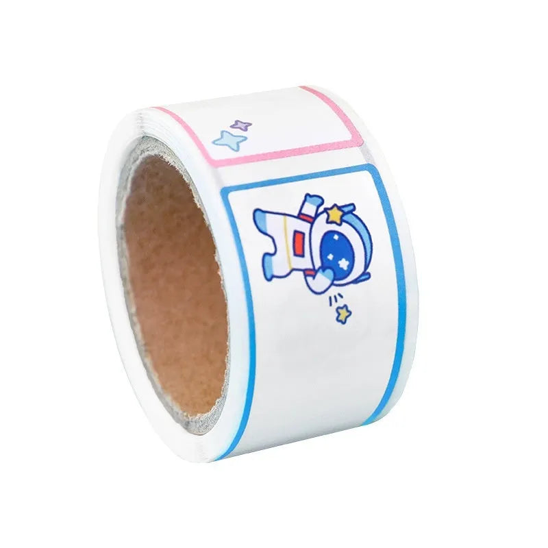 Roll of cartoon message index stickers showing dinosaur, astronaut, rabbit, and girl designs for student organisation