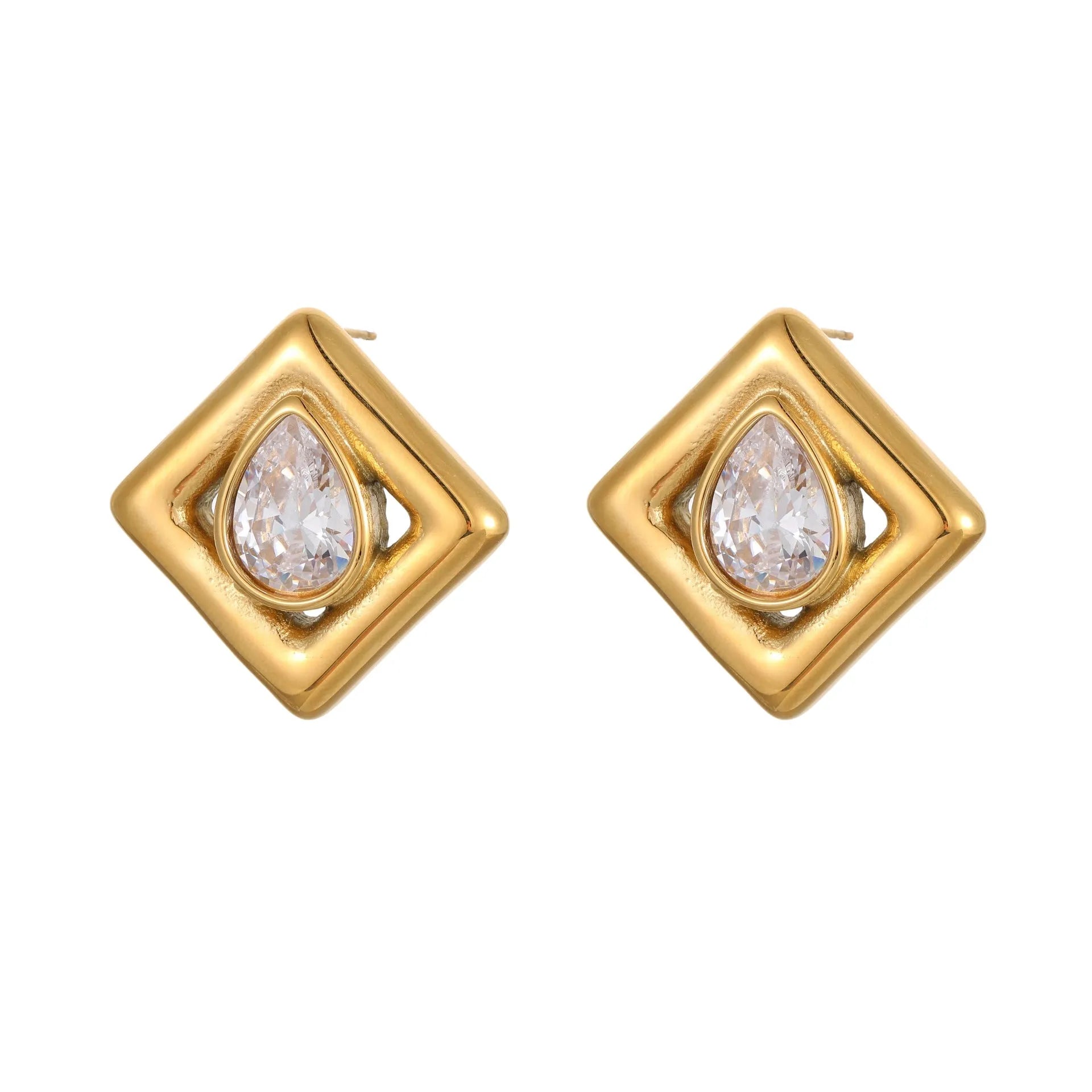 Gold-coloured geometric stud earrings with inlaid water drop zircon stones