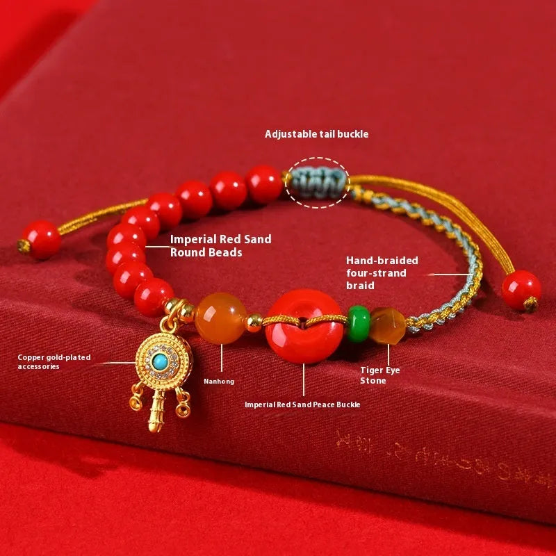Cinnabar peace blessing buckle bracelet hand-woven geometric design emperor red sand women's