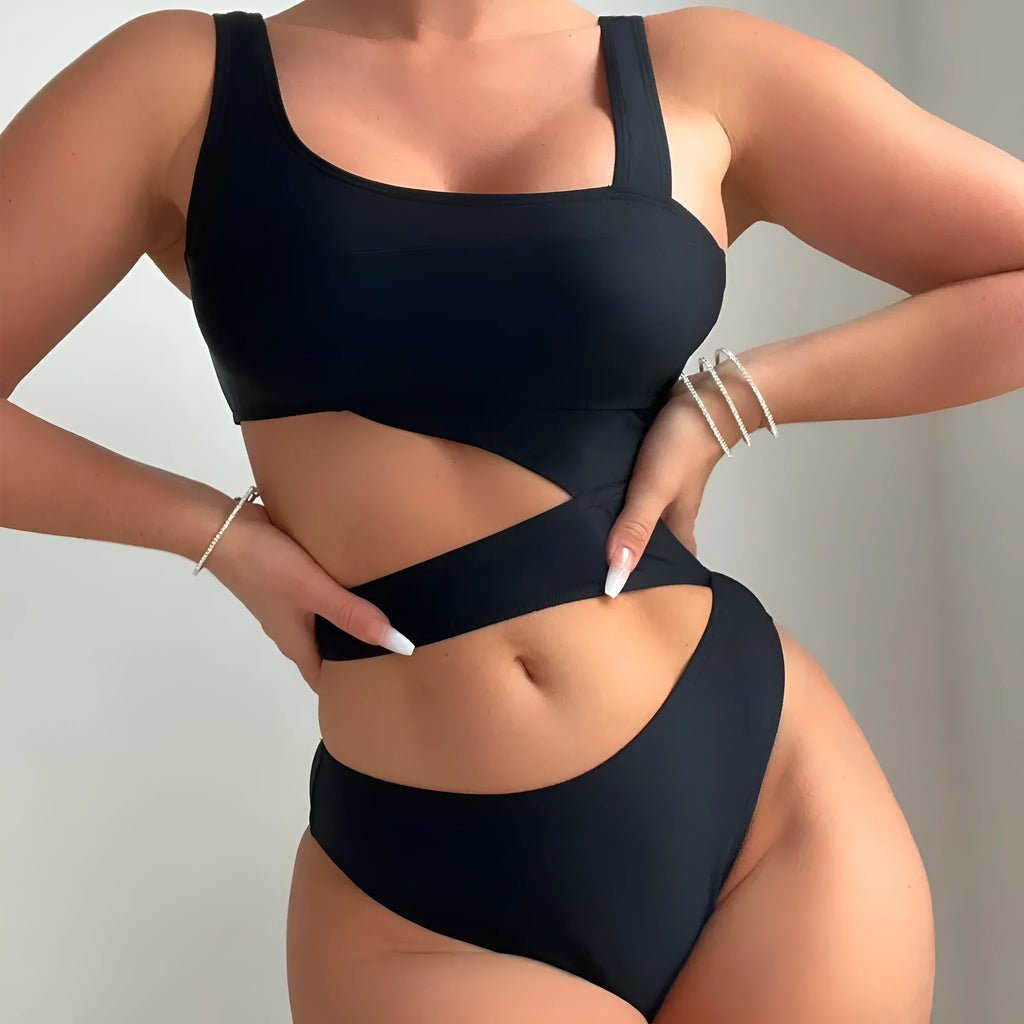 Black solid colour high cut hollow detail one-piece swimsuit for adult women